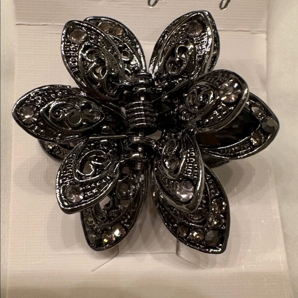 NEW! JAW CLAW HAIR CLIP RHINESTONES 1 1/2” STRONG ALLOY Gunmetal UPDO ACCESSORY